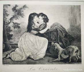 Arte: Grabado antiguo francés niñas y perro titulado La Crainte El Miedo